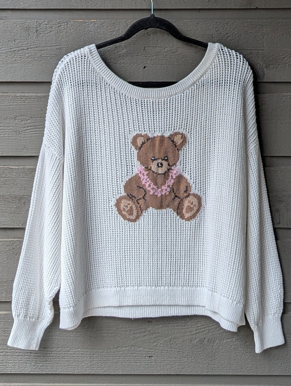 Hollister Teddy Bear White Easy Stitchy Graphic Slouchy Crew Sweater Size Large